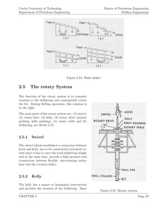 Curtin University of Technology
Department of Petroleum Engineering
Master of Petroleum Engineering
Drilling Engineering
Figure 2.24: Shale shaker
2.5 The rotary System
Figure 2.25: Rotary system
The function of the rotary system is to transmit
rotation to the drillstring and consequently rotate
the bit. During drilling operation, this rotation is
to the right.
The main parts of the rotary system are: (1) swivel,
(2) rotary hose, (3) kelly, (4) rotary drive (master
pushing, kelly pushing), (5) rotary table and (6)
drillstring, see sketch 2.25.
2.5.1 Swivel
The swivel which established a connection between
hook and kelly, has to be constructed extremely ro-
bust since it has to carry the total drillstring weight
and at the same time, provide a high pressure seal
(connection between ﬂexible, non-rotating rotary
hose and the rotation kelly).
2.5.2 Kelly
The kelly has a square or hexagonal cross-section
and provides the rotation of the drillstring. Since
CHAPTER 2 Page 29
 