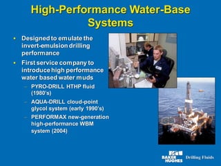 High-Performance Water-Base
Systems
▪ Designed to emulate the
invert-emulsion drilling
performance
▪ First service company to
introducehigh performance
water based water muds
– PYRO-DRILL HTHP fluid
(1980’s)
– AQUA-DRILL cloud-point
glycol system (early 1990’s)
– PERFORMAX new-generation
high-performance WBM
system (2004)
 
