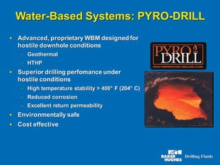 Water-Based Systems: PYRO-DRILL
▪ Advanced, proprietary WBM designed for
hostile downhole conditions
– Geothermal
– HTHP
▪ Superior drilling perfomance under
hostile conditions
– High temperature stability > 400° F (204° C)
– Reduced corrosion
– Excellent return permeability
▪ Environmentally safe
▪ Cost effective
 