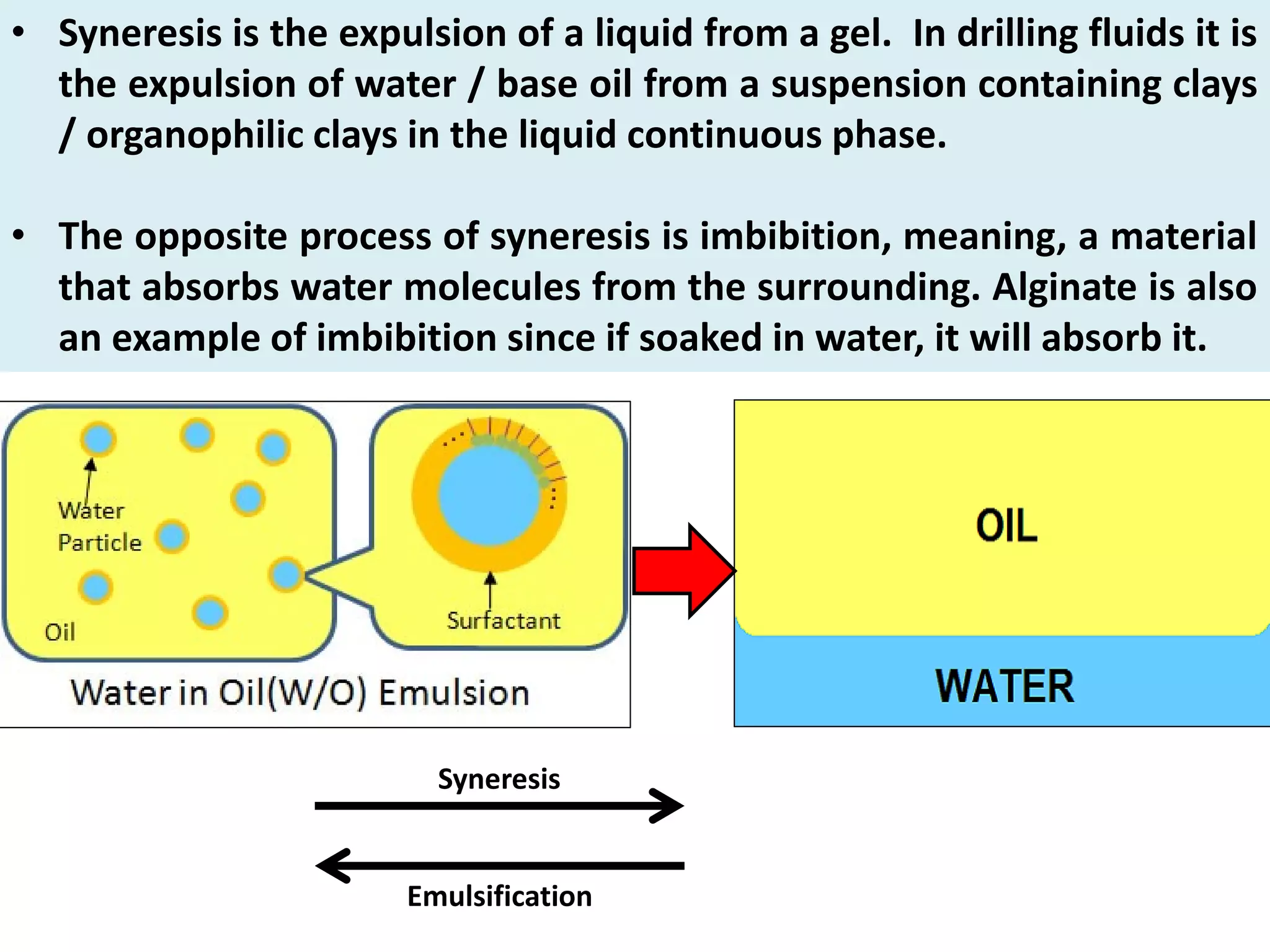 • Syneresis is the expulsion of a liquid from a gel. In drilling fluids it is
the expulsion of water / base oil from a suspension containing clays
/ organophilic clays in the liquid continuous phase.
• The opposite process of syneresis is imbibition, meaning, a material
that absorbs water molecules from the surrounding. Alginate is also
an example of imbibition since if soaked in water, it will absorb it.
Syneresis
Emulsification
 