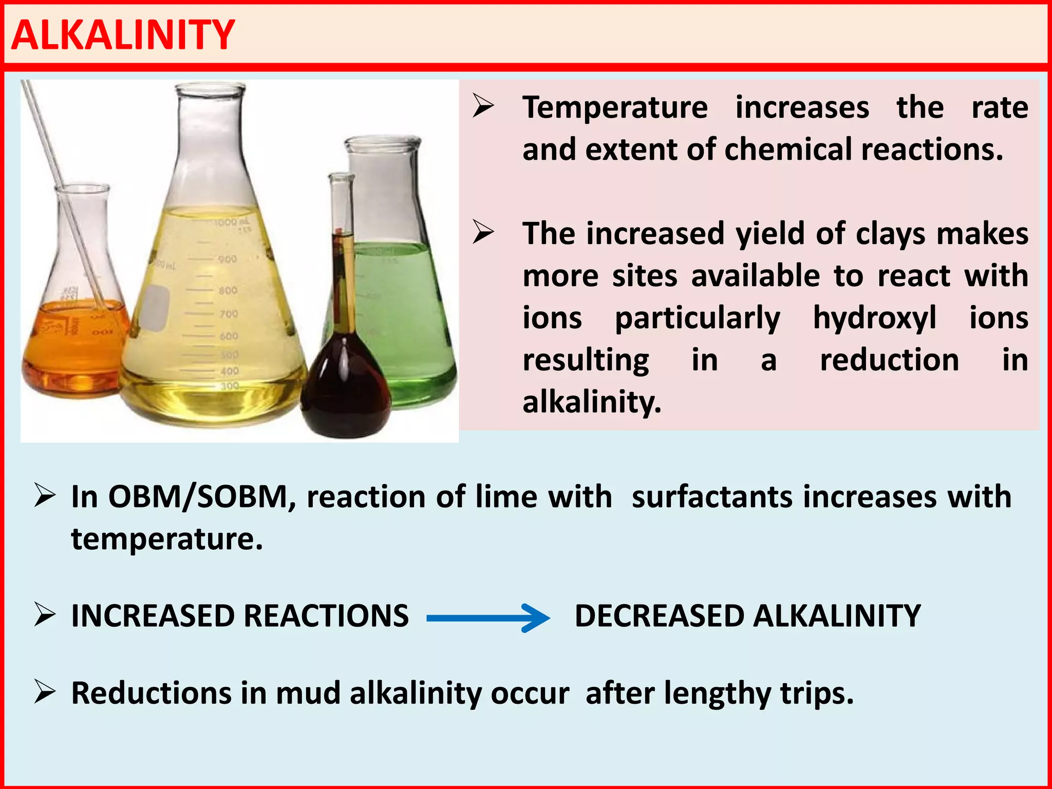ALKALINITY
 Temperature increases the rate
and extent of chemical reactions.
 The increased yield of clays makes
more sites available to react with
ions particularly hydroxyl ions
resulting in a reduction in
alkalinity.
 In OBM/SOBM, reaction of lime with surfactants increases with
temperature.
 INCREASED REACTIONS DECREASED ALKALINITY
 Reductions in mud alkalinity occur after lengthy trips.
 