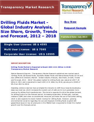 REPORT DESCRIPTION
Drilling Fluids Market is Expected to Reach USD 12.31 Billion in 2018:
Transparency Market Research
Market Research Reports : Transparency Market Research published new market report
"Drilling Fluids (Oil-Based Fluids, Synthetic-Based Fluids and Water-Based Fluids) for Oil and
Gas (Offshore & Onshore) Market - Global Industry Analysis, Size Share, Growth, Trends
and Forecast, 2012 - 2018," the global market for drilling fluids was valued at USD 7.20
billion in 2011 and is expected to reach USD 12.31 billion by 2018, growing at a CAGR of
8% from 2012 to 2018.
Depleting onshore reserves have prompted the industry to shift focus towards developing
deep sea reserves, which increases the overall cost of wells and in turn generates more
revenue for drilling fluid manufacturers. This trend is expected to drive the global demand
for drilling fluids over the forecast period. Increasing exploration of shale gas, coal bed
methane (CBM) and other unconventional resources promotes the use of horizontal drilling,
which is also expected to boost market revenue for drilling fluids. However, growing
environmental concerns regarding the use and disposal of drilling fluids coupled with
geopolitical issues in key oil producers in the Middle East is expected to hinder the market
growth over the forecast period.
Transparency Market Research
Drilling Fluids Market -
Global Industry Analysis,
Size Share, Growth, Trends
and Forecast, 2012 – 2018
Single User License: US $ 4595
Multi User License: US $ 7595
Corporate User License: US $ 10595
Buy Now
Request Sample
Published Date: July 2013
79 Pages Report
 
