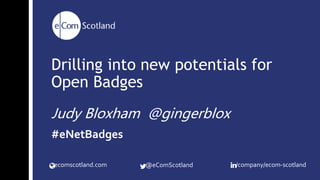 Customised LearningTechnology Solutions
ecomscotland.com @eComScotland /company/ecom-scotland
Drilling into new potentials for
Open Badges
Judy Bloxham @gingerblox
#eNetBadges
 
