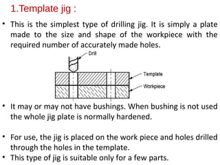 1.Template jig :
• This is the simplest type of drilling jig. It is simply a plate
made to the size and shape of the workpiece with the
required number of accurately made holes.
• It may or may not have bushings. When bushing is not used
the whole jig plate is normally hardened.
• For use, the jig is placed on the work piece and holes drilled
through the holes in the template.
• This type of jig is suitable only for a few parts.
 
