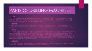 PARTS OF DRILLING MACHINES
 VICE
IS A MECHANICAL APPARATUS USED TO SECURE AN OBJECT TO ALLOW WORK TO BE
PERFORMED ON IT. VISES HAVE TWO PARALLEL JAWS, ONE FIXED AND THE OTHER MOVABLE,
THREADED IN AND OUT BY A SCREW AND LEVER.
 SPINDLE
THE SPINDLE HOLDS THE DRILL OR CUTTING TOOLS AND REVOLVES IN A FIXED POSITION IN A
SLEEVE.
 SLEEVE
THE SLEEVE OR QUILL ASSEMBLY DOES NOT REVOLVE BUT MAY SLIDE IN ITS BEARING IN A
DIRECTION PARALLEL TO ITS AXIS. WHEN THE SLEEVE CARRYING THE SPINDLE WITH A CUTTING
TOOL IS LOWERED, THE CUTTING TOOL IS FED INTO THE WORK: AND WHEN IT’S MOVED
UPWARD, THE CUTTING TOOL IS WITHDRAWN FROM THE WORK. FEED PRESSURE APPLIED TO THE
SLEEVE BY HAND OR POWER CAUSES THE REVOLVING DRILL TO CUT ITS WAY INTO THE WORK A
FRACTION OF AN MM PER REVOLUTION.
 COLUMN
THE COLUMN IS CYLINDRICAL IN SHAPE AND BUILT RUGGED AND SOLID. THE COLUMN
SUPPORTS THE HEAD AND THE SLEEVE OR QUILL ASSEMBLY.
 