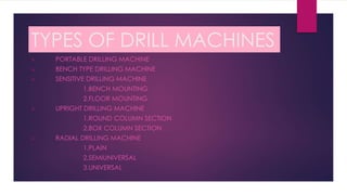 TYPES OF DRILL MACHINES
 PORTABLE DRILLING MACHINE
 BENCH TYPE DRILLING MACHINE
 SENSITIVE DRILLING MACHINE
1.BENCH MOUNTING
2.FLOOR MOUNTING
 UPRIGHT DRILLING MACHINE
1.ROUND COLUMN SECTION
2.BOX COLUMN SECTION
 RADIAL DRILLING MACHINE
1.PLAIN
2.SEMIUNIVERSAL
3.UNIVERSAL
 