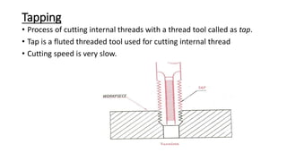 Tapping
• Process of cutting internal threads with a thread tool called as tap.
• Tap is a fluted threaded tool used for cutting internal thread
• Cutting speed is very slow.
 