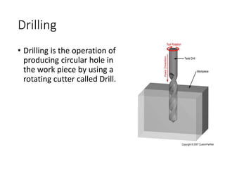 Drilling
• Drilling is the operation of
producing circular hole in
the work piece by using a
rotating cutter called Drill.
 