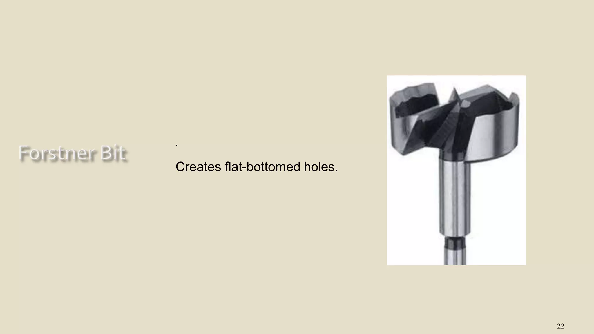 22
.
Creates flat-bottomed holes.
 