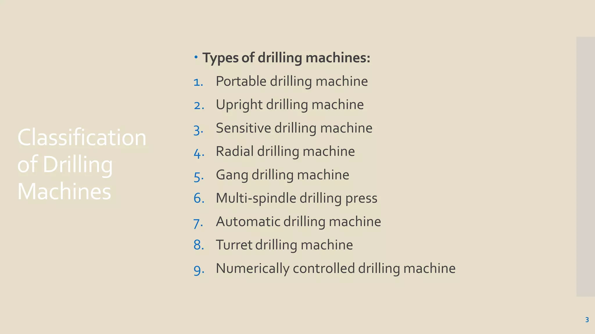 Classification
of Drilling
Machines
3
 Types of drilling machines:
1. Portable drilling machine
2. Upright drilling machine
3. Sensitive drilling machine
4. Radial drilling machine
5. Gang drilling machine
6. Multi-spindle drilling press
7. Automatic drilling machine
8. Turret drilling machine
9. Numerically controlled drilling machine
 