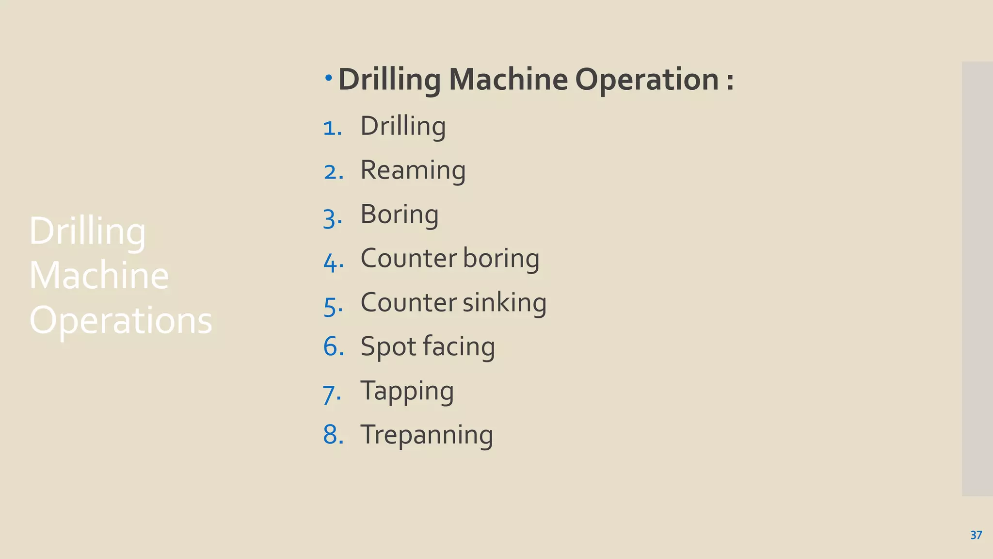 Drilling
Machine
Operations
37
Drilling Machine Operation :
1. Drilling
2. Reaming
3. Boring
4. Counter boring
5. Counter sinking
6. Spot facing
7. Tapping
8. Trepanning
 
