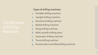 Classification
of Drilling
Machines
3
 Types of drilling machines:
1. Portable drilling machine
2. Upright drilling machine
3. Sensitive drilling machine
4. Radial drilling machine
5. Gang drilling machine
6. Multi-spindle drilling press
7. Automatic drilling machine
8. Turret drilling machine
9. Numerically controlled drilling machine
 
