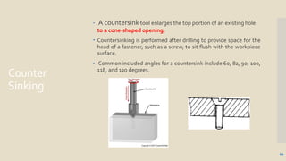Counter
Sinking
 A countersink tool enlarges the top portion of an existinghole
to a cone-shaped opening.
 Countersinking is performed after drilling to provide space for the
head of a fastener, such as a screw, to sit flush with the workpiece
surface.
 Common included angles for a countersink include 60, 82, 90, 100,
118, and 120 degrees.
44
 