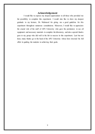 2
Acknowledgement
“I would like to express my deepest appreciation to all those who provided me
the possibility to complete this experiment. I would also like to show my deepest
gratitude to my lecturer, Dr. Mahmood for giving me a good guideline for this
experiment throughout numerous consultations. Moreover, I would like to appreciate
the crucial role of the staff of APU University who gave the permission to use all
equipment and necessary materials to complete the laboratory, and also a special thanks
goes to my group who did well in the lab to success in this experiment. Last but not
least, many thanks go to the head of the APU University whose have invested his full
effort in guiding the students to achieving their goals.”
 