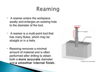  A reamer enters the workpiece
axially and enlarges an existing hole
to the diameter of the tool.
 A reamer is a multi-point tool that
has many flutes, which may be
straight or in a helix.
 Reaming removes a minimal
amount of material and is often
performed after drilling to obtain
both a more accurate diameter
and a smoother internal finish.
 