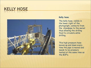 Kelly hose .  The kelly hose, visible in the lower right of the photograph, connects from the  standpipe to the swivel thus allowing the drilling fluid to circulate while drilling. This high pressure hose moves up and down every time the pipe is moved and needs to be pressure tested at the same time as the BOP’s. 