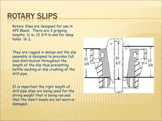 Rotary Slips are designed for use in API Bowls.  There are 3 gripping lengths. 11 in, 13 3/4 in and for deep holes  16 ½. They are rugged in design and the slip assembly is designed to provides full load distribution throughout the length of the slip thus preventing bottle-necking or slip crushing of the drill pipe.  It is important the right length of drill pipe slips are being used for the string weight that is being run and that the insert bowls are not worn or damaged.  