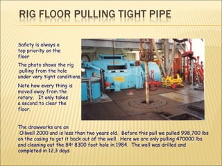 Safety is always a top priority on the floor The photo shows the rig  pulling from the hole  under very tight conditions. Note how every thing is  moved away from the  rotary.  It only takes  a second to clear the  floor. The drawworks are an  Oilwell 2000 and is less than two years old.  Before this pull we pulled 998,700 lbs on the casing to get it back out of the well.  Here we are only pulling 470000 lbs and cleaning out the 84 o  8300 foot hole in 1984.  The well was drilled and completed in 12.3 days 