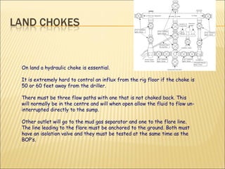 On land a hydraulic choke is essential.  It is extremely hard to control an influx from the rig floor if the choke is 50 or 60 feet away from the driller. There must be three flow paths with one that is not choked back. This will normally be in the centre and will when open allow the fluid to flow un-interrupted directly to the sump.  Other outlet will go to the mud gas separator and one to the flare line.  The line leading to the flare must be anchored to the ground. Both must have an isolation valve and they must be tested at the same time as the BOP’s. 