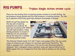 There are two drilling fluid circulating system involved in oil well drilling, the low pressure mixing system and the high pressure circulating system.  For the rig to operate effectively good high pressure mud pumps is needed.  Wells are getting deeper by the day and circulating pressures are climbing. 20 years go circulating with 3000  psi was high pressure, today drilling pressure in excess of 4200 psi are not uncommon and so the need for a reliable circulating system arises.   The National-Oilwell model 12-P-160 Triplex mud pumps offers the rig a wide range of pressures and volumes for maximum operational flexibility. The Pump is equipped with a maintenance free suction and discharge pulsation dampener that is designed reduce hydraulic noise and improve detection of MWD signals that are transported from the tools to surface via the drilling fluid. Triplex Single Action stroke cycle    