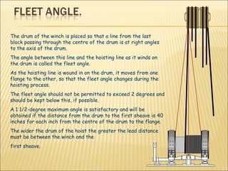 The drum of the winch is placed so that a line from the last block passing through the centre of the drum is at right angles to the axis of the drum.  The angle between this line and the hoisting line as it winds on the drum is called the fleet angle.  As the hoisting line is wound in on the drum, it moves from one flange to the other, so that the fleet angle changes during the hoisting process.  The fleet angle should not be permitted to exceed 2 degrees and should be kept below this, if possible. A 1 1/2-degree maximum angle is satisfactory and will be obtained if the distance from the drum to the first sheave is 40 inches for each inch from the centre of the drum to the flange.  The wider the drum of the hoist the greater the lead distance must be between the winch and the  first sheave. 