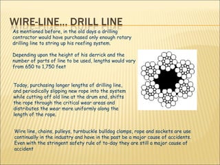 As mentioned before, in the old days a drilling contractor would have purchased only enough rotary drilling line to string up his reefing system. Depending upon the height of his derrick and the number of parts of line to be used, lengths would vary from 650 to 1,750 feet  Today, purchasing longer lengths of drilling line, and periodically slipping new rope into the system while cutting off old line at the drum end, shifts the rope through the critical wear areas and distributes the wear more uniformly along the length of the rope.  Wire line, chains, pulleys, turnbuckle bulldog clamps, rope and sockets are use continually in the industry and have in the past be a major cause of accidents. Even with the stringent safety rule of to-day they are still a major cause of accident 