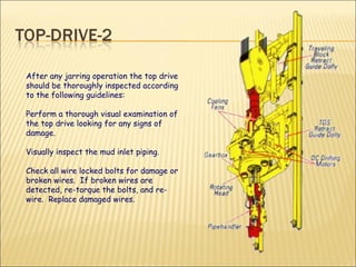 After any jarring operation the top drive should be thoroughly inspected according to the following guidelines: Perform a thorough visual examination of the top drive looking for any signs of damage. Visually inspect the mud inlet piping. Check all wire locked bolts for damage or broken wires.  If broken wires are detected, re-torque the bolts, and re-wire.  Replace damaged wires. 