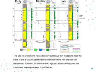 The late life well shows how a laterally extensive thin mudstone near the
base of the B subunit (dashed line) indicated in the mid-life well can
control fluid flow with, in this example, injected water running over the
mudstone, leaving unswept dry oil below. 16
 