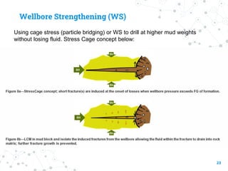 Wellbore Strengthening (WS)
Using cage stress (particle bridging) or WS to drill at higher mud weights
without losing fluid. Stress Cage concept below:
23
 