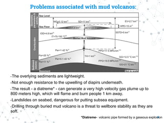 Problems associated with mud volcanos:
• The overlying sediments are lightweight.
• Not enough resistance to the upwelling of diapirs underneath.
• The result - a diatreme* - can generate a very high velocity gas plume up to
800 meters high, which will flame and burn people 1 km away.
• Landslides on seabed, dangerous for putting subsea equipment.
• Drilling through buried mud volcano is a threat to wellbore stability as they are
soft.
8
*Diatreme- volcanic pipe formed by a gaseous explosion
 