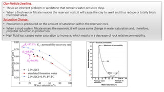 Clay-Particle Swelling.
• This is an inherent problem in sandstone that contains water-sensitive clays.
• When a fresh-water filtrate invades the reservoir rock, it will cause the clay to swell and thus reduce or totally block
the throat areas.
Saturation Change.
• Production is predicated on the amount of saturation within the reservoir rock.
• When a mud-system filtrate enters the reservoir, it will cause some change in water saturation and, therefore,
potential reduction in production.
• High fluid loss causes water saturation to increase, which results in a decrease of rock relative permeability.
 