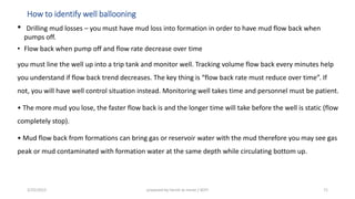 How to identify well ballooning
• Drilling mud losses – you must have mud loss into formation in order to have mud flow back when
pumps off.
• Flow back when pump off and flow rate decrease over time
you must line the well up into a trip tank and monitor well. Tracking volume flow back every minutes help
you u dersta d if flo a k tre d de reases. The key thi g is flo a k rate ust redu e o er ti e . If
not, you will have well control situation instead. Monitoring well takes time and personnel must be patient.
• The more mud you lose, the faster flow back is and the longer time will take before the well is static (flow
completely stop).
• Mud flow back from formations can bring gas or reservoir water with the mud therefore you may see gas
peak or mud contaminated with formation water at the same depth while circulating bottom up.
3/25/2015 prepared by herish w noree / KOTI 71
 