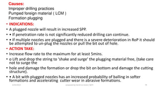 Causes:
Improper drilling practices
Pumped foreign material ( LCM )
Formation plugging
• INDICATIONS:
• A plugged nozzle will result in increased SPP.
• • If pe etratio rate is ot sig ifi a tly redu ed drilli g a o ti ue.
• • If ultiple ozzles are plugged a d there is a se ere deterioratio i RoP it should
be attempted to un-plug the nozzles or pull the bit out of hole.
• ACTION TAKE:
• Increase flow rate to the maximum for at least 5mins.
• o Lift a d drop the stri g to shake a d surge the pluggi g aterial free, take are
not to surge the
• hole and damage the formation or drop the bit on bottom and damage the cutting
structure).
• • A it ith plugged ozzles has a i reased pro a ility of alli g i softer
formations and accelerating cutter wear in abrasive formations.
3/25/2015 prepared by herish w noree / KOTI 79
 