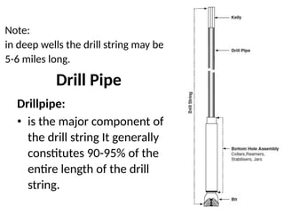 Note:
in deep wells the drill string may be
5-6 miles long.
Drill Pipe
Drillpipe:
• is the major component of
the drill string It generally
constitutes 90-95% of the
entire length of the drill
string.
 
