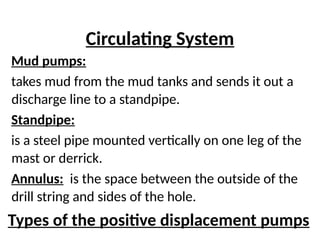 Circulating System
Mud pumps:
takes mud from the mud tanks and sends it out a
discharge line to a standpipe.
Standpipe:
is a steel pipe mounted vertically on one leg of the
mast or derrick.
Annulus: is the space between the outside of the
drill string and sides of the hole.
Types of the positive displacement pumps
 