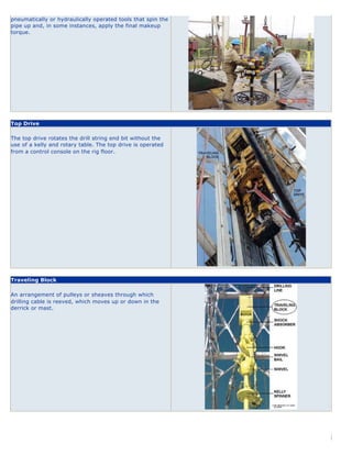 pneumatically or hydraulically operated tools that spin the
pipe up and, in some instances, apply the final makeup
torque.
Top Drive
The top drive rotates the drill string end bit without the
use of a kelly and rotary table. The top drive is operated
from a control console on the rig floor.
Traveling Block
An arrangement of pulleys or sheaves through which
drilling cable is reeved, which moves up or down in the
derrick or mast.
 