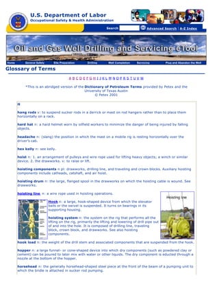 U.S. Department of Labor
Occupational Safety & Health Administration
[skip navigational links]
Search Advanced Search | A-Z Index
Glossary of Terms
A B C D E F G H I J K L M N O P R S T U V W
*This is an abridged version of the Dictionary of Petroleum Terms provided by Petex and the
University of Texas Austin
© Petex 2001
H
hang rods v: to suspend sucker rods in a derrick or mast on rod hangers rather than to place them
horizontally on a rack.
hard hat n: a hard helmet worn by oilfield workers to minimize the danger of being injured by falling
objects.
headache n: (slang) the position in which the mast on a mobile rig is resting horizontally over the
driver’s cab.
hex kelly n: see kelly.
hoist n: 1. an arrangement of pulleys and wire rope used for lifting heavy objects; a winch or similar
device. 2. the drawworks. v: to raise or lift.
hoisting components n pl: drawworks, drilling line, and traveling and crown blocks. Auxiliary hoisting
components include catheads, catshaft, and air hoist.
hoisting drum n: the large, flanged spool in the drawworks on which the hoisting cable is wound. See
drawworks.
hoisting line n: a wire rope used in hoisting operations.
Hook n: a large, hook-shaped device from which the elevator
bails or the swivel is suspended. It turns on bearings in its
supporting housing.
hoisting system n: the system on the rig that performs all the
lifting on the rig, primarily the lifting and lowering of drill pipe out
of and into the hole. It is composed of drilling line, traveling
block, crown block, and drawworks. See also hoisting
components.
hook load n: the weight of the drill stem and associated components that are suspended from the hook.
hopper n: a large funnel- or cone-shaped device into which dry components (such as powdered clay or
cement) can be poured to later mix with water or other liquids. The dry component is educted through a
nozzle at the bottom of the hopper.
horsehead n: the generally horsehead-shaped steel piece at the front of the beam of a pumping unit to
which the bridle is attached in sucker rod pumping.
Home General Safety Site Preparation Drilling Well Completion Servicing Plug and Abandon the Well
 