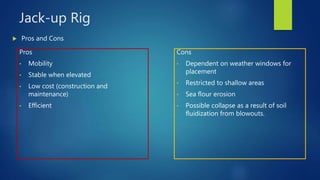 Jack-up Rig
Pros
• Mobility
• Stable when elevated
• Low cost (construction and
maintenance)
• Efficient
 Pros and Cons
Cons
• Dependent on weather windows for
placement
• Restricted to shallow areas
• Sea flour erosion
• Possible collapse as a result of soil
fluidization from blowouts.
 