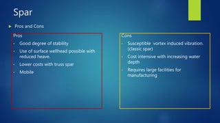 Spar
Pros
• Good degree of stability
• Use of surface wellhead possible with
reduced heave.
• Lower costs with truss spar
• Mobile
 Pros and Cons
Cons
• Susceptible vortex induced vibration.
(classic spar)
• Cost intensive with increasing water
depth
• Requires large facilities for
manufacturing
 