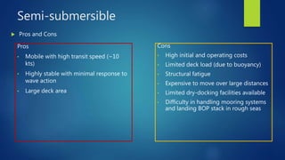 Semi-submersible
Pros
• Mobile with high transit speed (~10
kts)
• Highly stable with minimal response to
wave action
• Large deck area
 Pros and Cons
Cons
• High initial and operating costs
• Limited deck load (due to buoyancy)
• Structural fatigue
• Expensive to move over large distances
• Limited dry-docking facilities available
• Difficulty in handling mooring systems
and landing BOP stack in rough seas
 