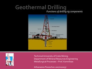 Functions of drilling rig components

Technical University of Crete Mining
Department of Mineral Resources Engineering
Metallurgical Processes – Prof. Komnitsas
Athanasios Paraschos 2007020037

 