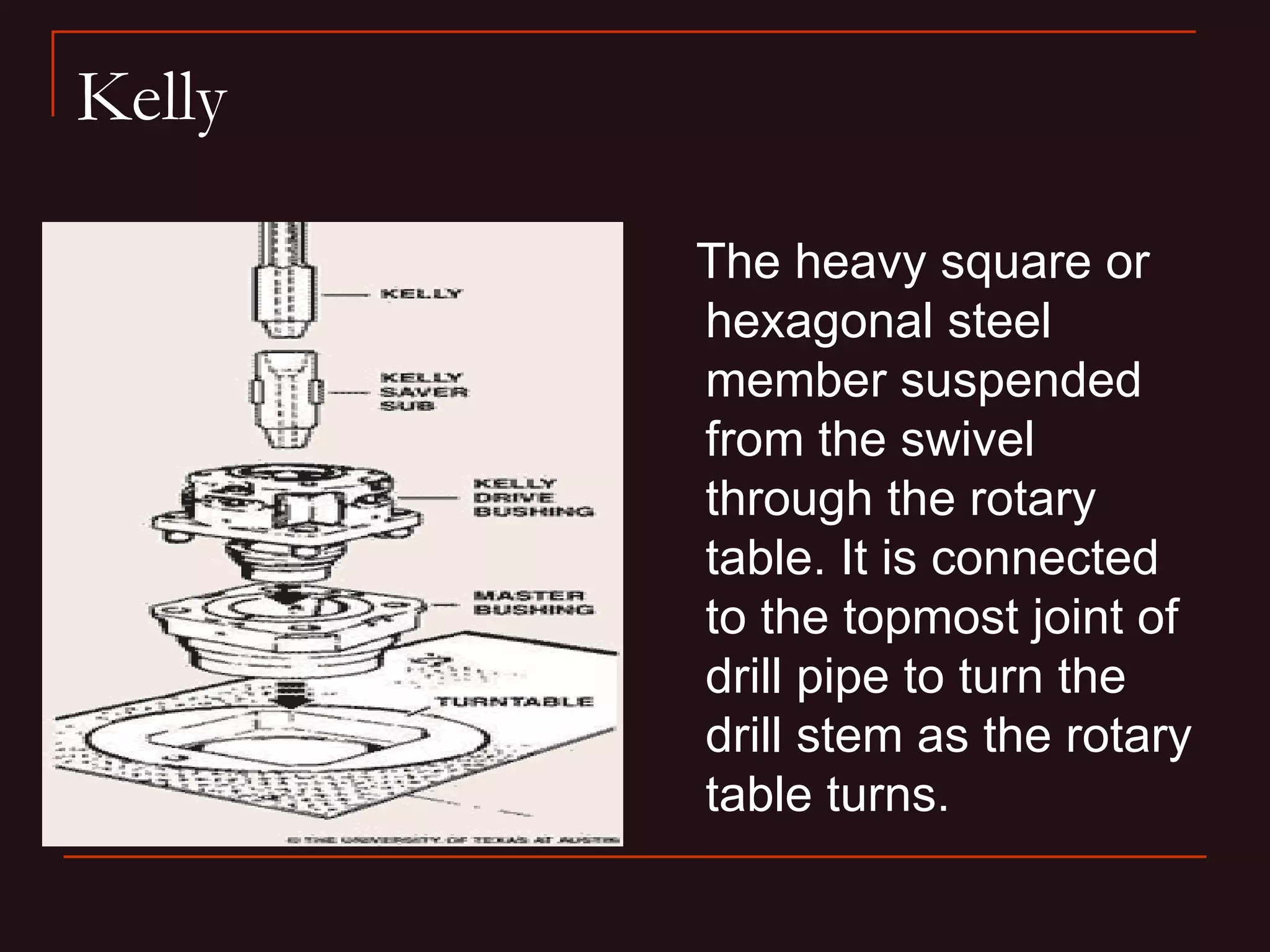 Kelly

        The heavy square or
        hexagonal steel
        member suspended
        from the swivel
        through the rotary
        table. It is connected
        to the topmost joint of
        drill pipe to turn the
        drill stem as the rotary
        table turns.
 