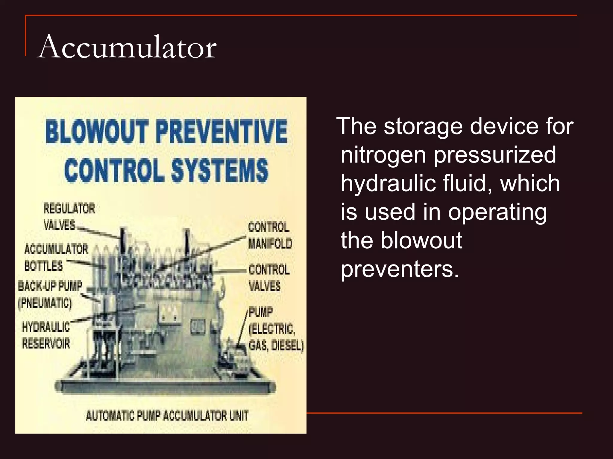 Accumulator

              The storage device for
              nitrogen pressurized
              hydraulic fluid, which
              is used in operating
              the blowout
              preventers.
 