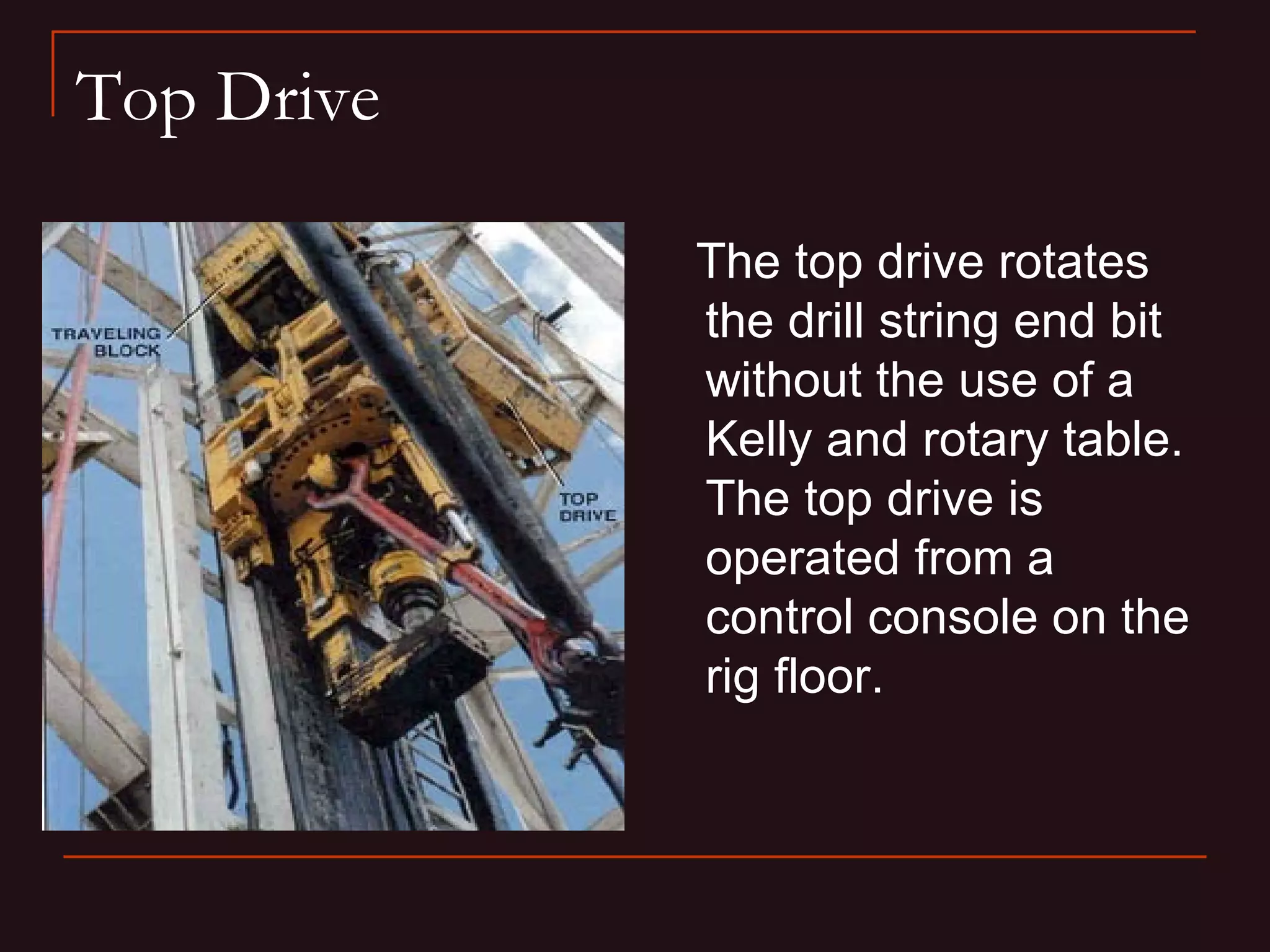 Top Drive

            The top drive rotates
            the drill string end bit
            without the use of a
            Kelly and rotary table.
            The top drive is
            operated from a
            control console on the
            rig floor.
 