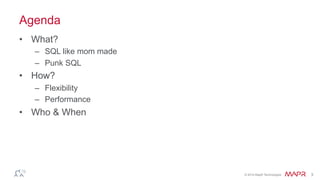 ®
© 2014 MapR Technologies 3
Agenda
•  What?
–  SQL like mom made
–  Punk SQL
•  How?
–  Flexibility
–  Performance
•  Who & When
 