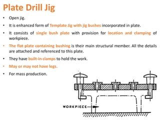 Plate Drill Jig
• Open jig.
• It is enhanced form of Template Jig with jig bushes incorporated in plate.
• It consists of single bush plate with provision for location and clamping of
workpiece.
• The flat plate containing bushing is their main structural member. All the details
are attached and referenced to this plate.
• They have built-in clamps to hold the work.
• May or may not have legs.
• For mass production.
 