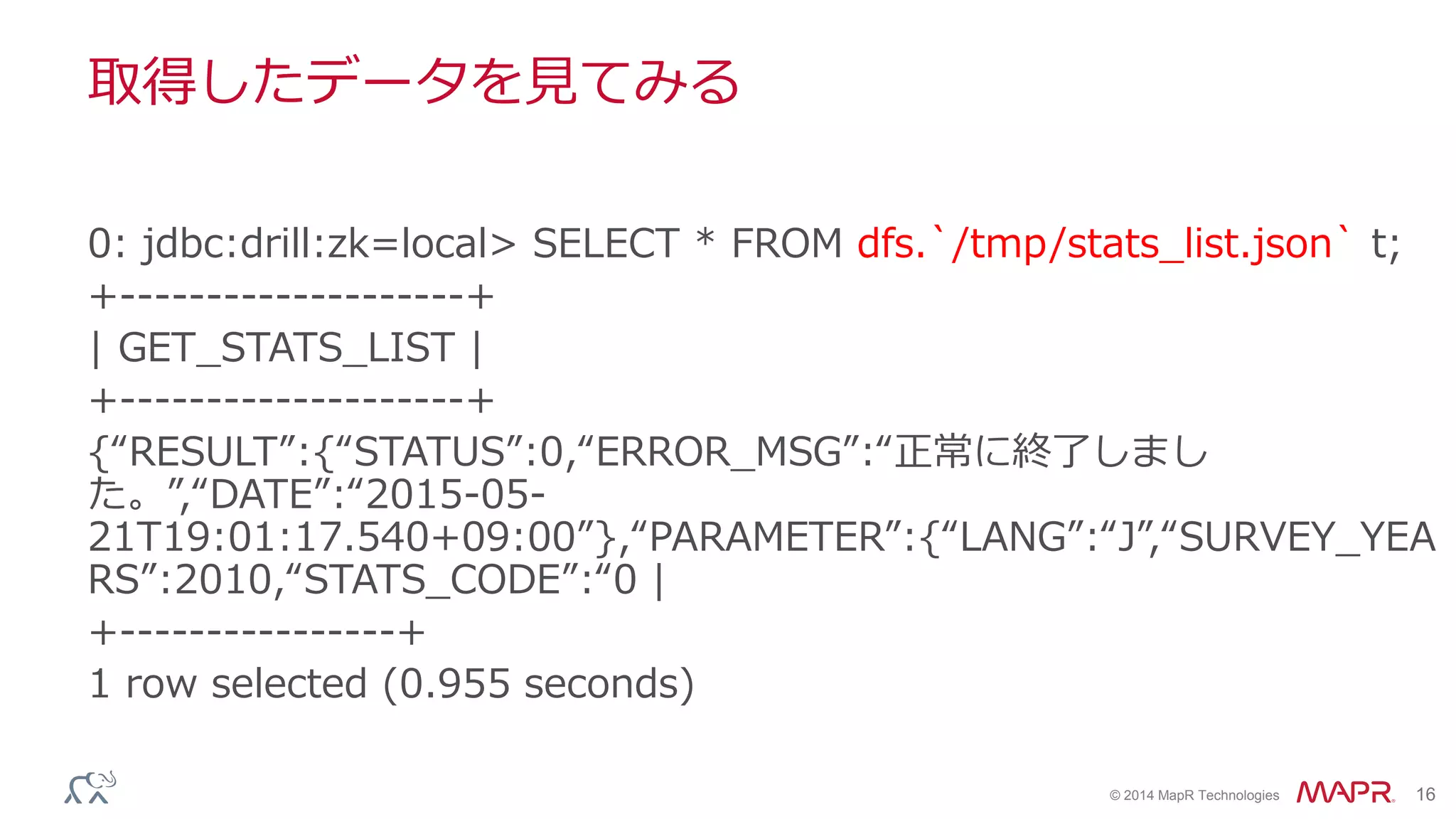 © 2014 MapR Technologies 16
取得したデータを見てみる
0: jdbc:drill:zk=local> SELECT * FROM dfs.`/tmp/stats_list.json` t;
+--------------------+
| GET_STATS_LIST |
+--------------------+
{“RESULT”:{“STATUS”:0,“ERROR_MSG”:“正常に終了しまし
た。”,“DATE”:“2015-05-
21T19:01:17.540+09:00”},“PARAMETER”:{“LANG”:“J”,“SURVEY_YEA
RS”:2010,“STATS_CODE”:“0 |
+----------------+
1 row selected (0.955 seconds)
 