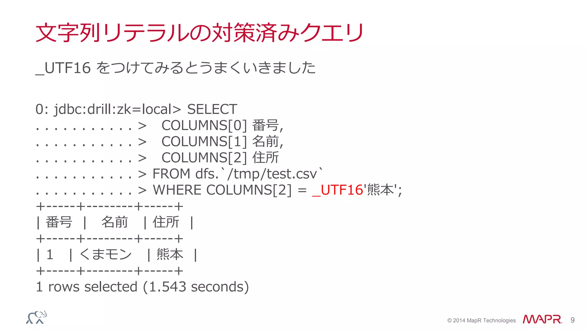 © 2014 MapR Technologies 9
文字列リテラルの対策済みクエリ
0: jdbc:drill:zk=local> SELECT
. . . . . . . . . . . > COLUMNS[0] 番号,
. . . . . . . . . . . > COLUMNS[1] 名前,
. . . . . . . . . . . > COLUMNS[2] 住所
. . . . . . . . . . . > FROM dfs.`/tmp/test.csv`
. . . . . . . . . . . > WHERE COLUMNS[2] = _UTF16'熊本';
+-----+--------+-----+
| 番号 | 名前 | 住所 |
+-----+--------+-----+
| 1 | くまモン | 熊本 |
+-----+--------+-----+
1 rows selected (1.543 seconds)
_UTF16 をつけてみるとうまくいきました
 