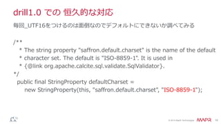 © 2014 MapR Technologies 10
drill1.0 での 恒久的な対応
/**
* The string property "saffron.default.charset" is the name of the default
* character set. The default is "ISO-8859-1". It is used in
* {@link org.apache.calcite.sql.validate.SqlValidator}.
*/
public final StringProperty defaultCharset =
new StringProperty(this, "saffron.default.charset", "ISO-8859-1");
毎回_UTF16をつけるのは面倒なのでデフォルトにできないか調べてみる
 