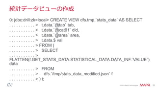 © 2014 MapR Technologies 22
統計データビューの作成
0: jdbc:drill:zk=local> CREATE VIEW dfs.tmp.`stats_data` AS SELECT
. . . . . . . . . . . > t.data.`@tab` tab,
. . . . . . . . . . . > t.data.`@cat01` did,
. . . . . . . . . . . > t.data.`@area` area,
. . . . . . . . . . . > t.data.$ val
. . . . . . . . . . . > FROM (
. . . . . . . . . . . > SELECT
. . . . . . . . . . . >
FLATTEN(f.GET_STATS_DATA.STATISTICAL_DATA.DATA_INF.`VALUE`)
data
. . . . . . . . . . . > FROM
. . . . . . . . . . . > dfs.`/tmp/stats_data_modified.json` f
. . . . . . . . . . . > ) t;
 